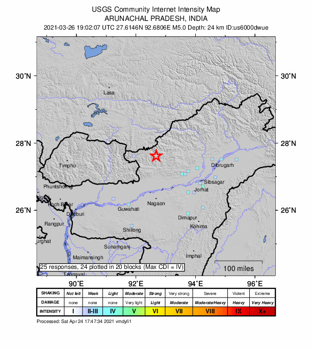 USGS DYFI community-reported intensity map for the M5.0 earthquake near 47 km NNE of Bomdila, India