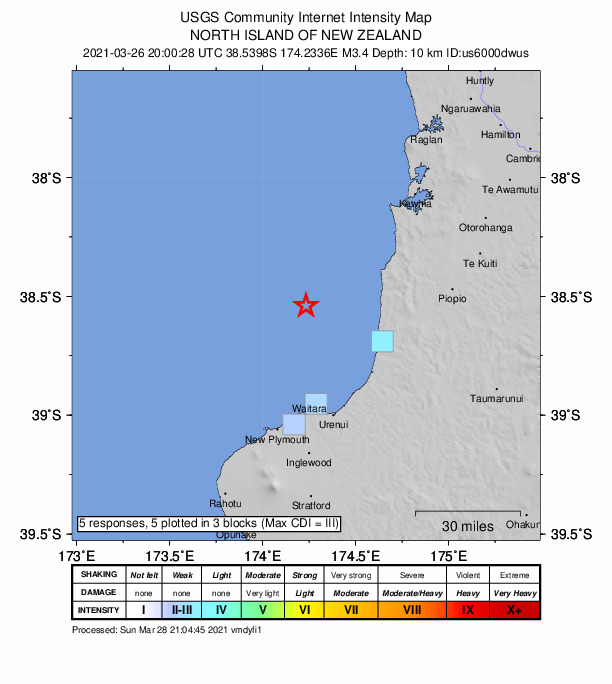 USGS DYFI community-reported intensity map for the M3.4 earthquake near 50 km N of Waitara, New Zealand