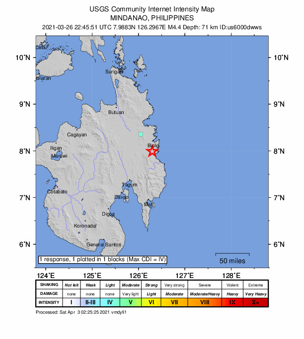 USGS DYFI community-reported intensity map for the M4.4 earthquake near 13 km WSW of Lingig, Philippines