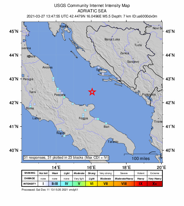 USGS DYFI community-reported intensity map for the M5.5 earthquake near 55 km N of Peschici, Italy