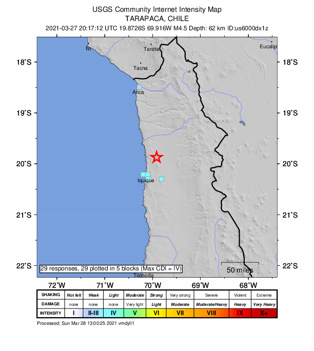 USGS DYFI community-reported intensity map for the M4.4 earthquake near 45 km NE of Iquique, Chile