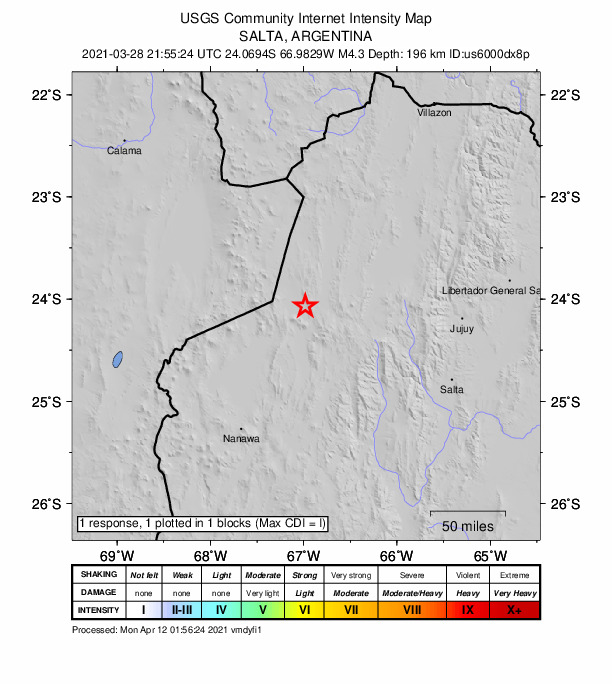 USGS DYFI community-reported intensity map for the M4.3 earthquake near 69 km WNW of San Antonio de los Cobres, Argentina