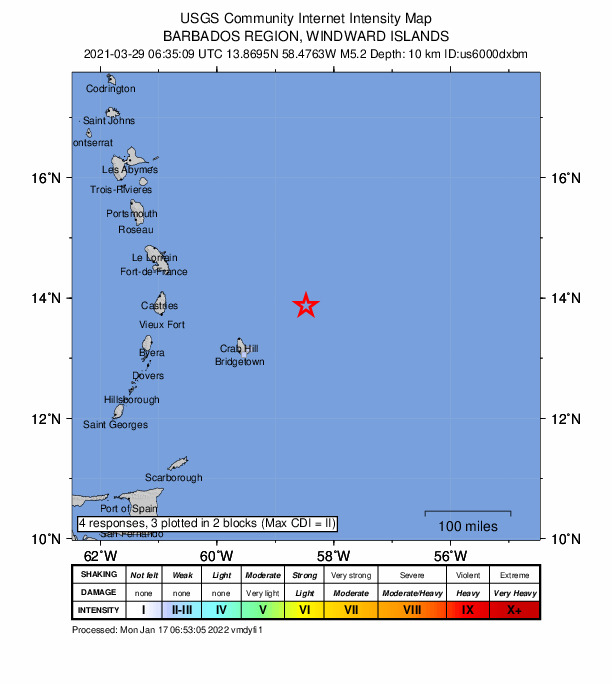 USGS DYFI community-reported intensity map for the M5.2 earthquake near 134 km ENE of Bathsheba, Barbados