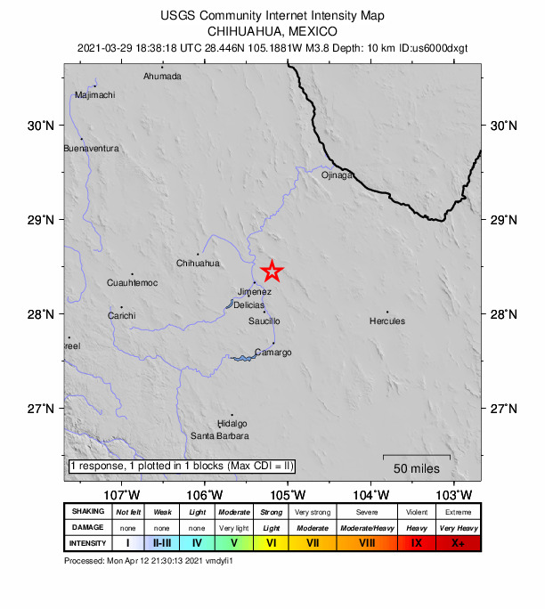 USGS DYFI community-reported intensity map for the M3.8 earthquake near 20 km E of Julimes, Mexico