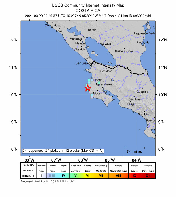 USGS DYFI community-reported intensity map for the M4.7 earthquake near 26 km W of Santa Cruz, Costa Rica