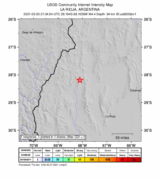USGS DYFI community-reported intensity map for the M4.4 earthquake near 55 km WSW of Tinogasta, Argentina