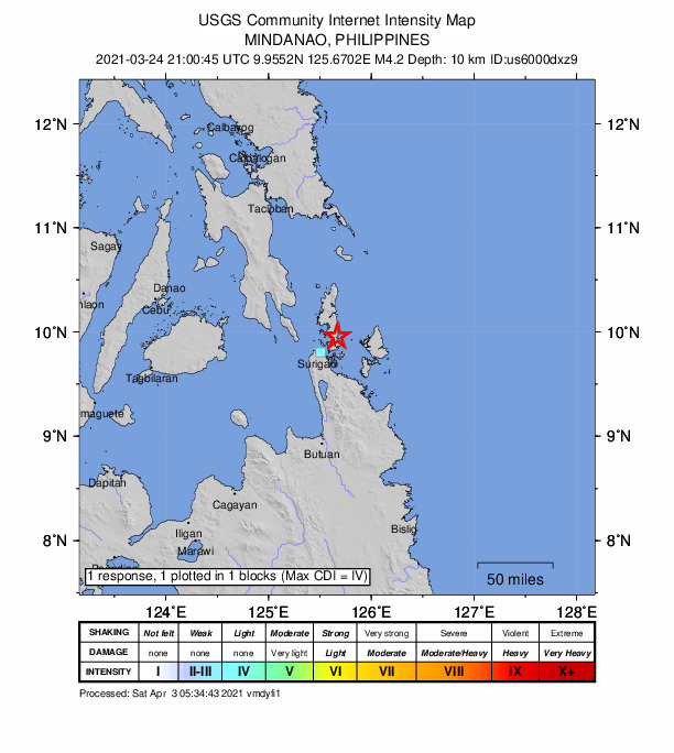 USGS DYFI community-reported intensity map for the M4.2 earthquake near 3 km N of Cagdianao, Philippines
