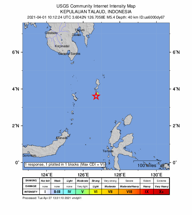 USGS DYFI community-reported intensity map for the M5.4 earthquake near 242 km SE of Sarangani, Philippines