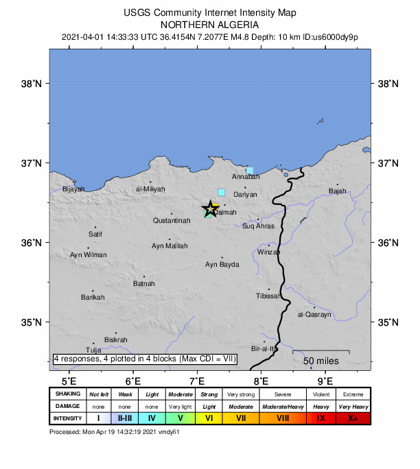 USGS DYFI community-reported intensity map for the M4.8 earthquake near 21 km WSW of Guelma, Algeria