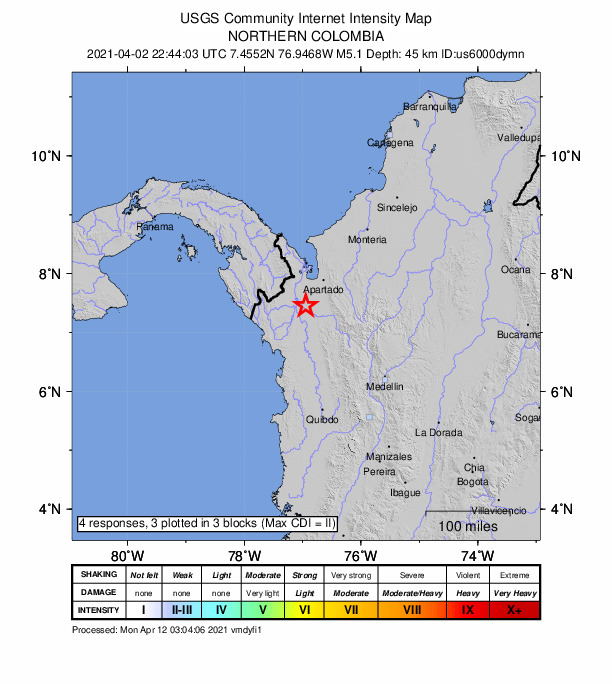 USGS DYFI community-reported intensity map for the M5.0 earthquake near 19 km E of Riosucio, Colombia