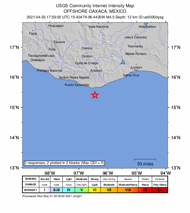 USGS DYFI community-reported intensity map for the M4.5 earthquake near 29 km S of Puerto Ángel, Mexico