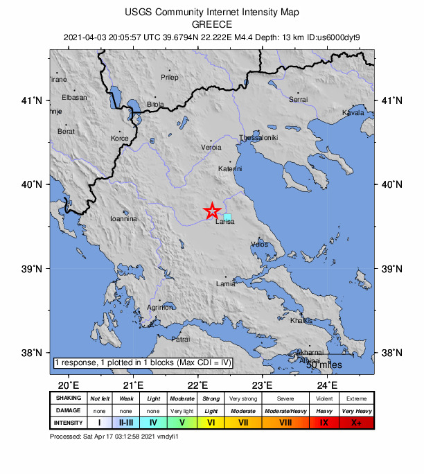 USGS DYFI community-reported intensity map for the M4.4 earthquake near 8 km SW of Týrnavos, Greece
