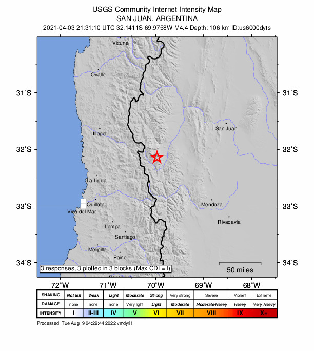 USGS DYFI community-reported intensity map for the M4.4 earthquake near 96 km NE of Los Andes, Chile