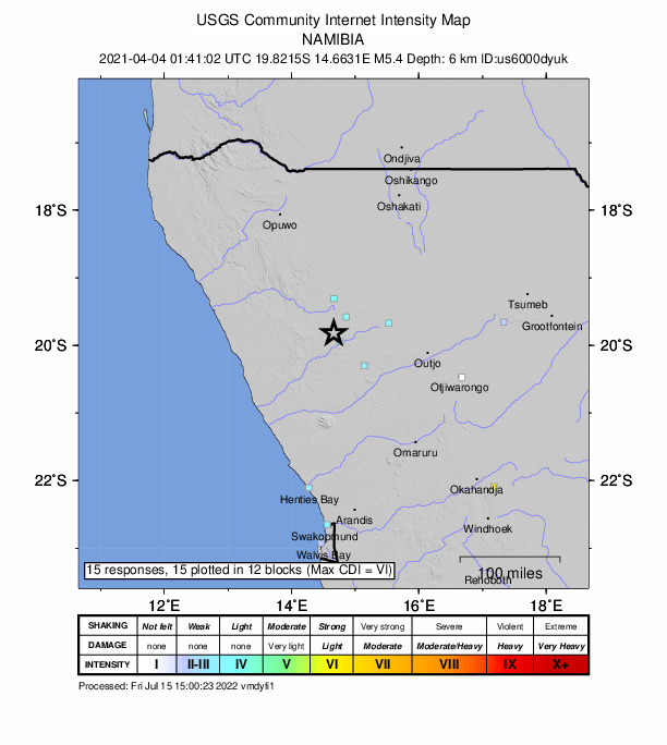 USGS DYFI community-reported intensity map for the M5.4 earthquake near 68 km NNW of Khorixas, Namibia