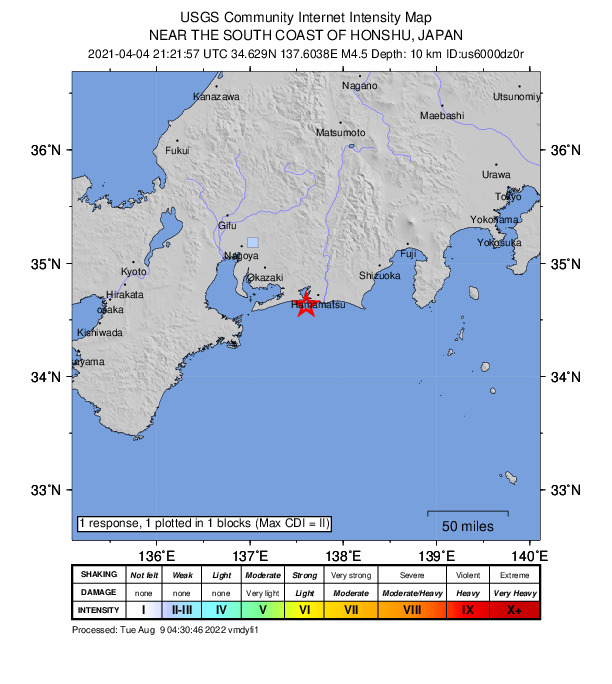 USGS DYFI community-reported intensity map for the M4.5 earthquake near 14 km WSW of Hamamatsu, Japan