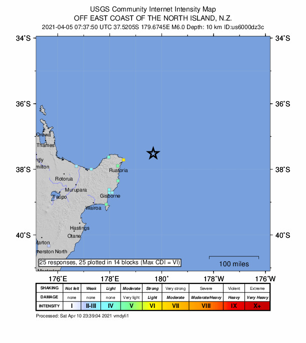 USGS DYFI community-reported intensity map for the M6.1 earthquake near 194 km NE of Gisborne, New Zealand