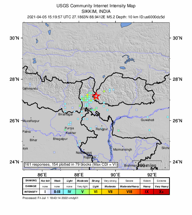 USGS DYFI community-reported intensity map for the M5.2 earthquake near 35 km NNW of Samtse, Bhutan
