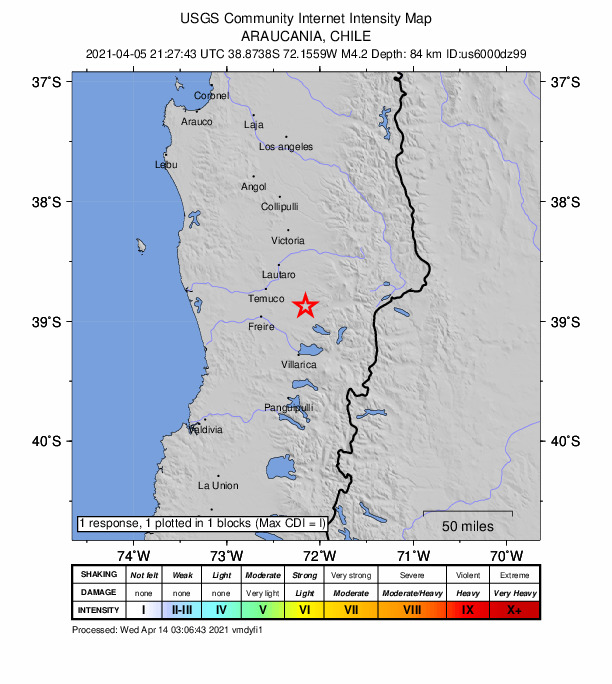 USGS DYFI community-reported intensity map for the M4.2 earthquake near 23 km SSE of Vilcún, Chile