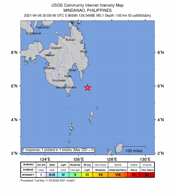 USGS DYFI community-reported intensity map for the M5.1 earthquake near 65 km SE of Pondaguitan, Philippines