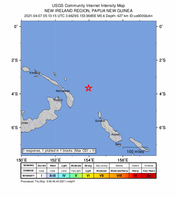 USGS DYFI community-reported intensity map for the M5.6 earthquake near 203 km ENE of Kokopo, Papua New Guinea