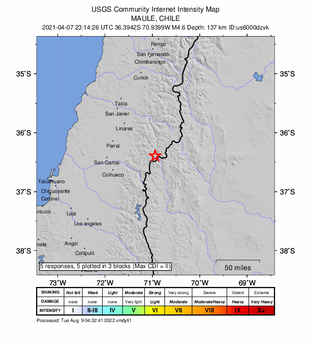 USGS DYFI community-reported intensity map for the M4.6 earthquake near 68 km NNW of Las Ovejas, Argentina