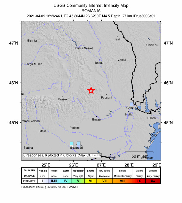 USGS DYFI community-reported intensity map for the M4.5 earthquake near 7 km WNW of Paltin, Romania