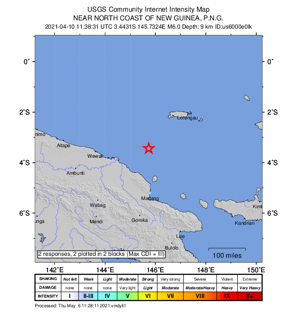 USGS DYFI community-reported intensity map for the M6.0 earthquake near 196 km N of Madang, Papua New Guinea
