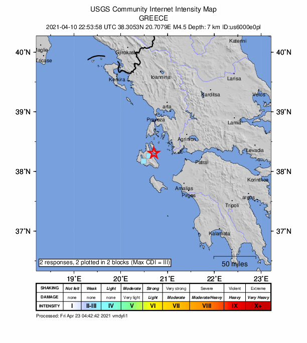 USGS DYFI community-reported intensity map for the M4.5 earthquake near 6 km S of Itháki, Greece