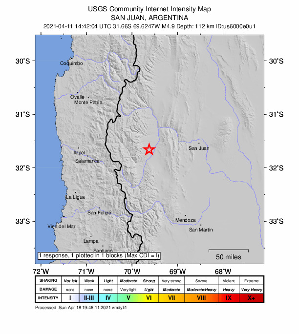 USGS DYFI community-reported intensity map for the M4.9 earthquake near 40 km SSW of Calingasta, Argentina