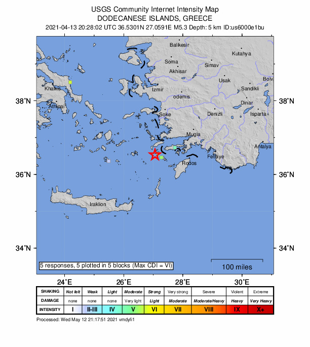 USGS DYFI community-reported intensity map for the M5.3 earthquake near 10 km SW of Mandráki, Greece