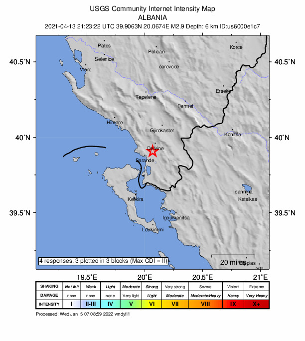 USGS DYFI community-reported intensity map for the M2.9 earthquake near 5 km SSW of Delvinë, Albania