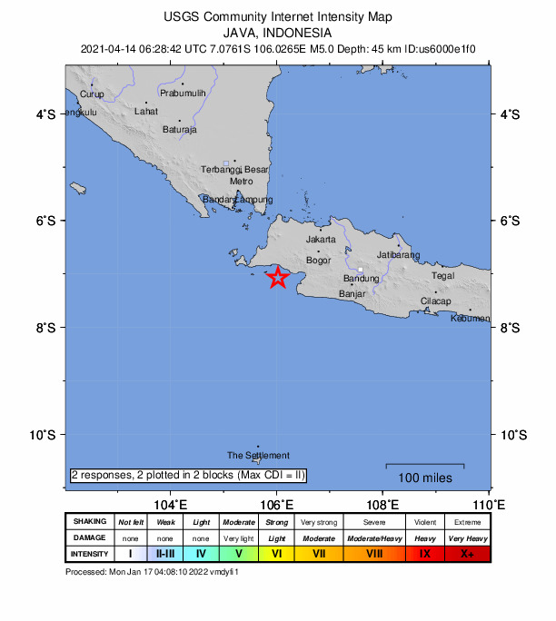 USGS DYFI community-reported intensity map for the M5.0 earthquake near 58 km W of Pelabuhanratu, Indonesia