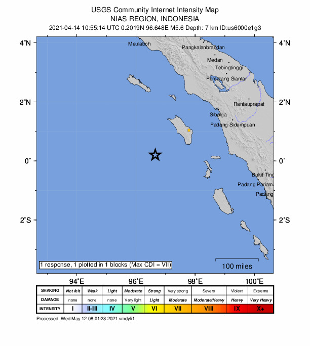 USGS DYFI community-reported intensity map for the M5.6 earthquake near 254 km S of Sinabang, Indonesia