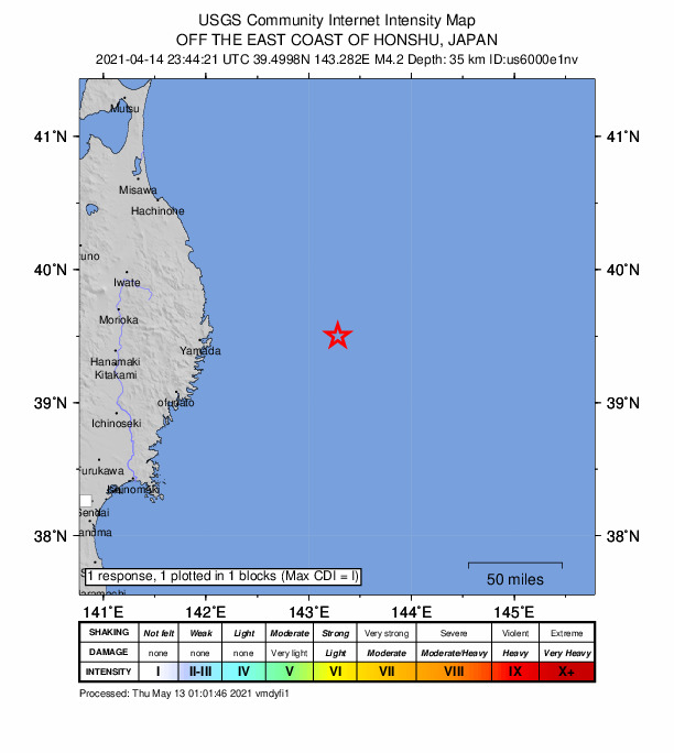 USGS DYFI community-reported intensity map for the M4.2 earthquake near 114 km E of Yamada, Japan
