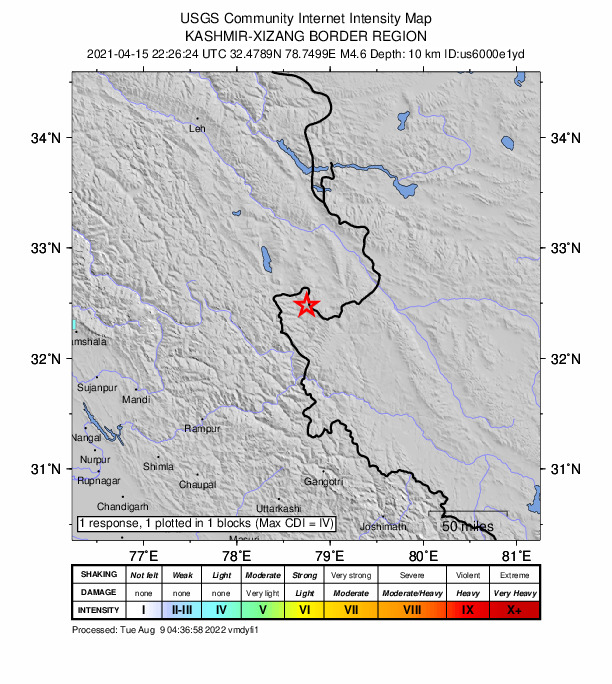 USGS DYFI community-reported intensity map for the M4.6 earthquake near 140 km NE of Sar?han, India