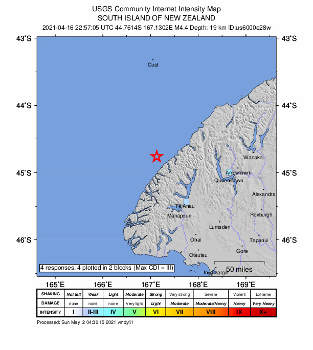 USGS DYFI community-reported intensity map for the M4.4 earthquake near 86 km NNW of Te Anau, New Zealand