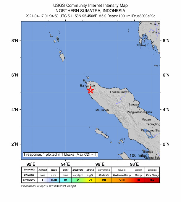 USGS DYFI community-reported intensity map for the M5.0 earthquake near 46 km SSE of Banda Aceh, Indonesia