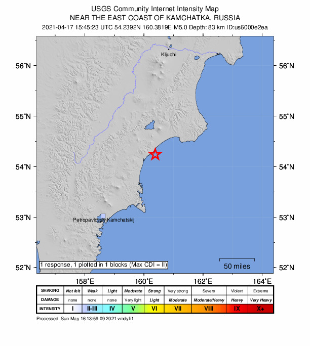 USGS DYFI community-reported intensity map for the M5.0 earthquake near near the east coast of the Kamchatka Peninsula, Russia