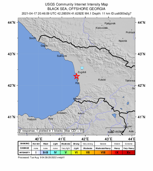 USGS DYFI community-reported intensity map for the M4.1 earthquake near 16 km NNW of P’ot’i, Georgia