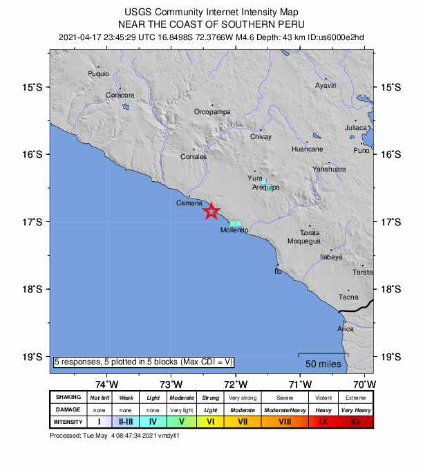 USGS DYFI community-reported intensity map for the M4.7 earthquake near 16 km SSE of Quilca, Peru