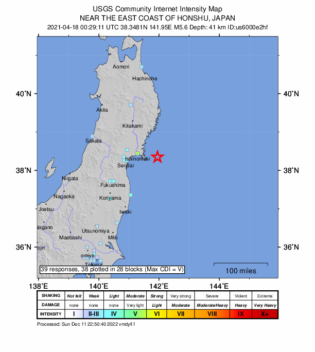 USGS DYFI community-reported intensity map for the M5.6 earthquake near 57 km E of Ishinomaki, Japan