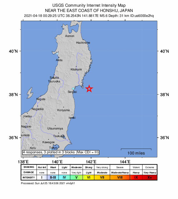 USGS DYFI community-reported intensity map for the M5.6 earthquake near 53 km ESE of Ishinomaki, Japan