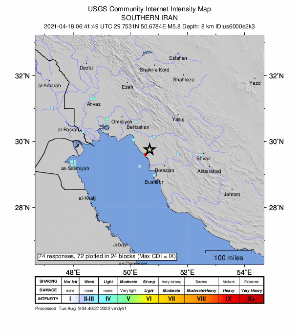 USGS DYFI community-reported intensity map for the M5.8 earthquake near 24 km NE of Bandar-e Gen?veh, Iran