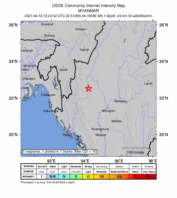 USGS DYFI community-reported intensity map for the M5.1 earthquake near 61 km ESE of Hakha, Myanmar