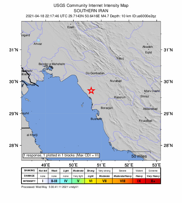 USGS DYFI community-reported intensity map for the M4.7 earthquake near 19 km NE of Bandar-e Gen?veh, Iran