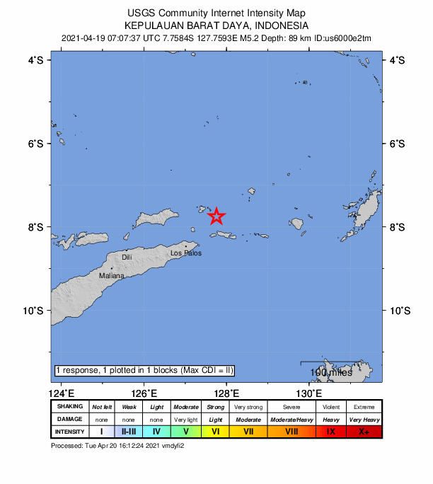 USGS DYFI community-reported intensity map for the M5.2 earthquake near 120 km NE of Lospalos, Timor Leste
