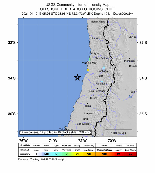 USGS DYFI community-reported intensity map for the M5.0 earthquake near 79 km WSW of San Antonio, Chile