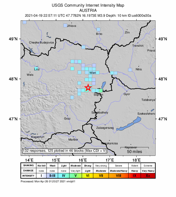 USGS DYFI community-reported intensity map for the M3.9 earthquake near 3 km SW of Wiener Neustadt, Austria