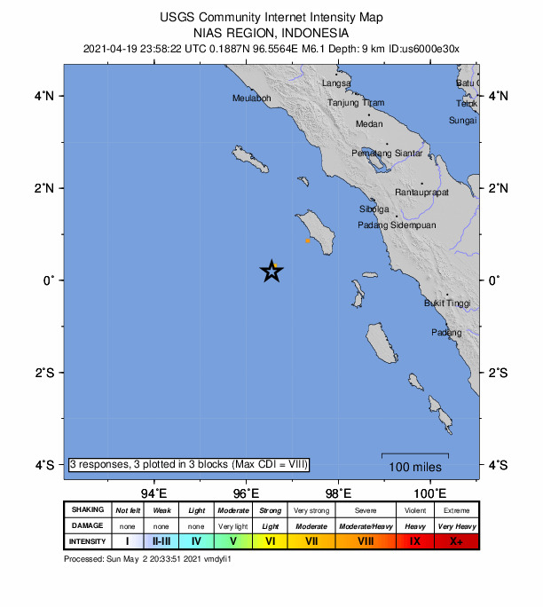 USGS DYFI community-reported intensity map for the M6.1 earthquake near 254 km S of Sinabang, Indonesia