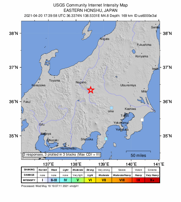 USGS DYFI community-reported intensity map for the M4.8 earthquake near 9 km ENE of Komoro, Japan